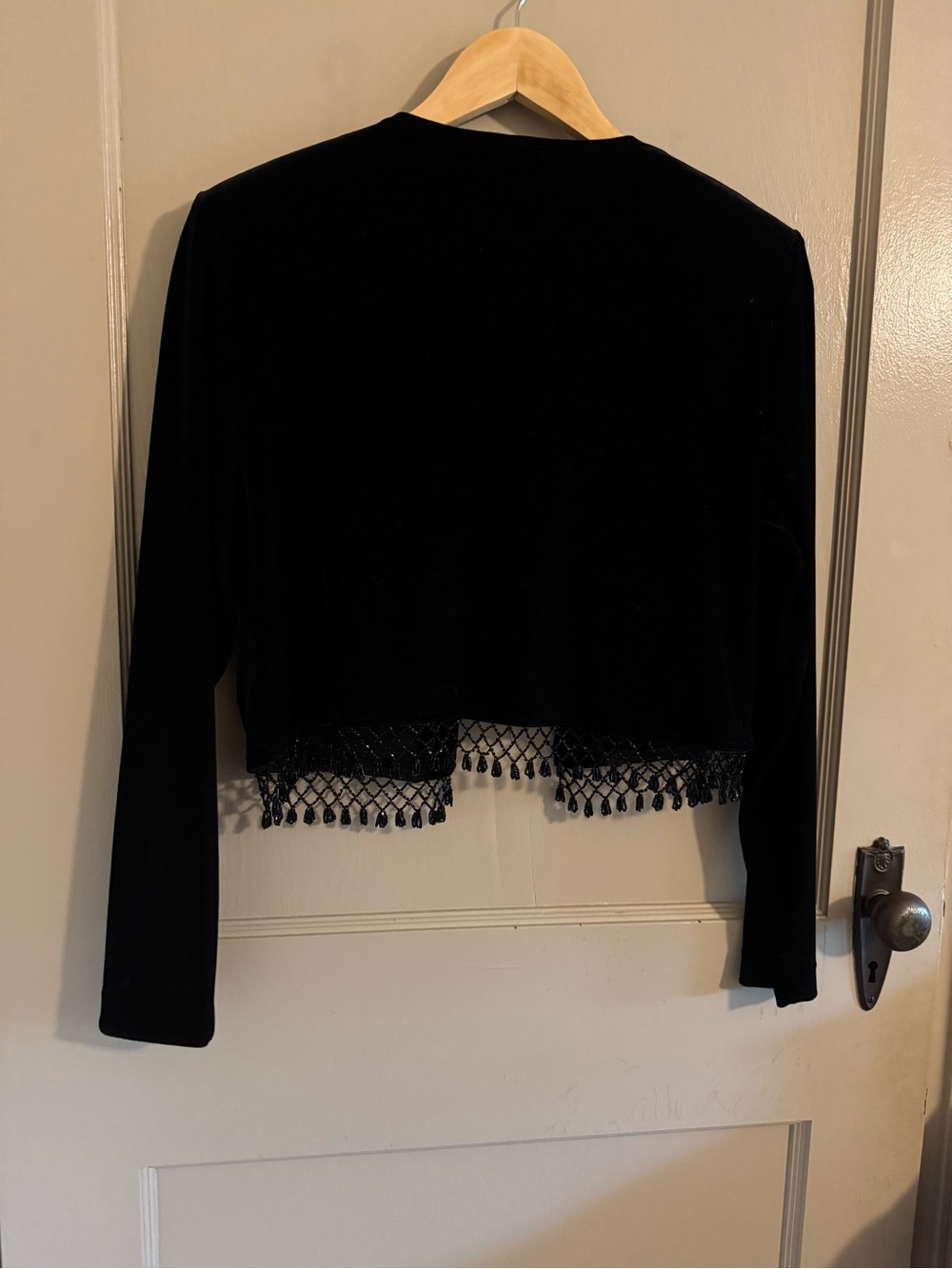 Black Cropped Velvet cardigan with Beaded Fringe